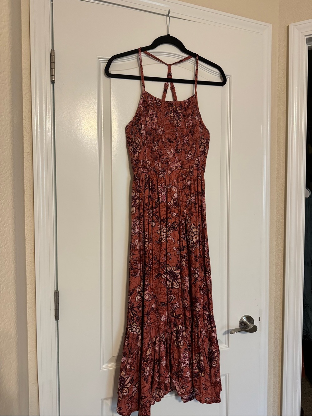 Maurices Rust Floral Maxi Dress with Strappy Back Detail